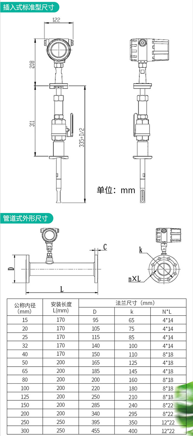 不銹鋼熱式氣體質(zhì)量流量計外形結(jié)構(gòu)尺寸圖